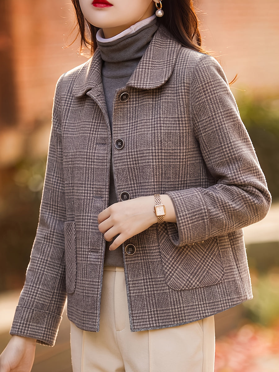 2026 Vintage Gray Houndstooth Short Blazer for Women, Lapel Collar, Single-Breasted, High-End Feel, Simple Commuter Jacket Top - Coffee Color