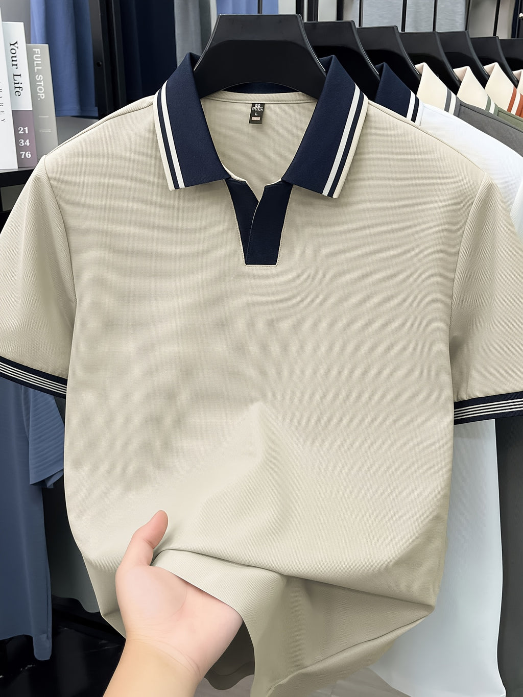 [Shule Water OBM] Summer Men'S Short Sleeve T-Shirt, Contrast Striped Cool Business Casual Versatile Top, Mid-Age Men'S Short Sleeve Collared Polo Shirt (72616) - Apricot