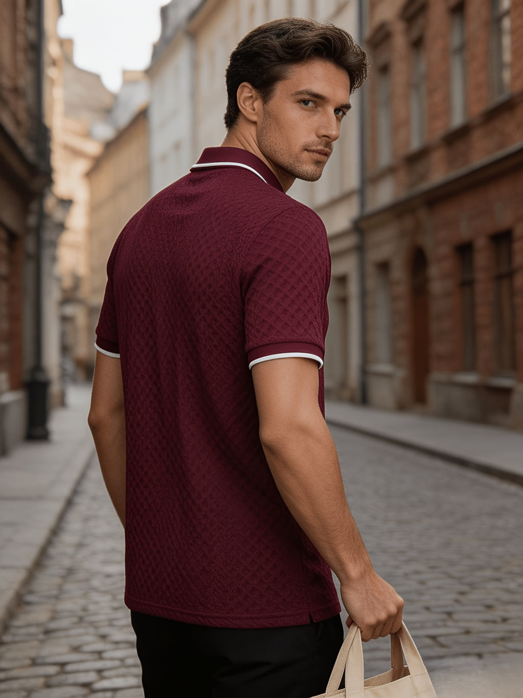 Men'S Quarter-Zip Knit Polo Shirt, Textured Diamond Jacquard Short Sleeve Top, Summer Golf Casual Office Street Wear - Burgundy