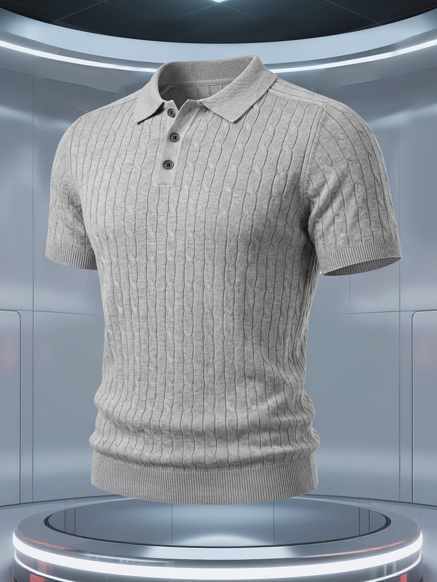 Short Sleeve Knit Sweater 2026 Spring/Summer New Arrival Cable Knit Lapel Slimming Pullover Top, Vertical Stripes with Intricate Cable Knit Slimming Texture, Light Luxury Business High-Quality Style, Fashionable, Simple, and Handsome - Grey