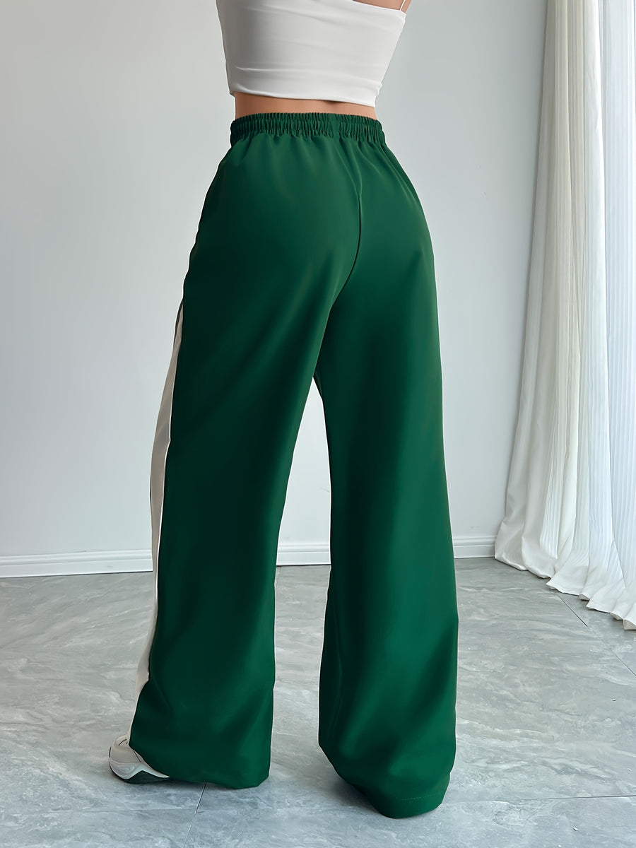Women'S High-Waisted Color Block Wide-Leg Pants with Drawstring Waist - Green, White & Gray Contrast Stripes, Casual Joggers for Spring/Summer/Fall, Comfortable Fit, Jogging Pants - Dark Green