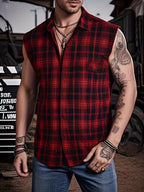 Men'S Summer Sleeveless Plaid Shirt - Raw Edge Cuffs And Lightweight Fit, Beach-To-Street Versatile Style Upgrade - Deep Red