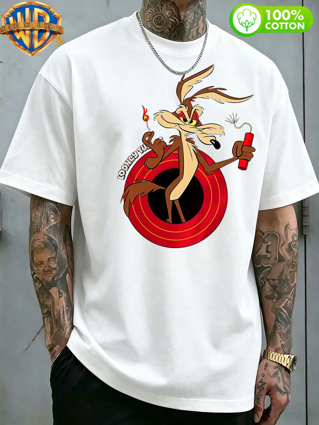 Authorized by Warner Bros., 1pc, American Retro Cartoon Contrast Sense Distorted Heart Wolf Trendy T-Shirt, Men'S 100% Casual Comfortable Versatile Loose Summer Short Sleeve T-Shirt, Double-Sided Print Front And Back, Suitable for Outdoor Wear, Gym - White