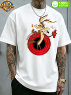 Authorized by Warner Bros., 1pc, American Retro Cartoon Contrast Sense Distorted Heart Wolf Trendy T-Shirt, Men'S 100% Casual Comfortable Versatile Loose Summer Short Sleeve T-Shirt, Double-Sided Print Front And Back, Suitable for Outdoor Wear, Gym - White