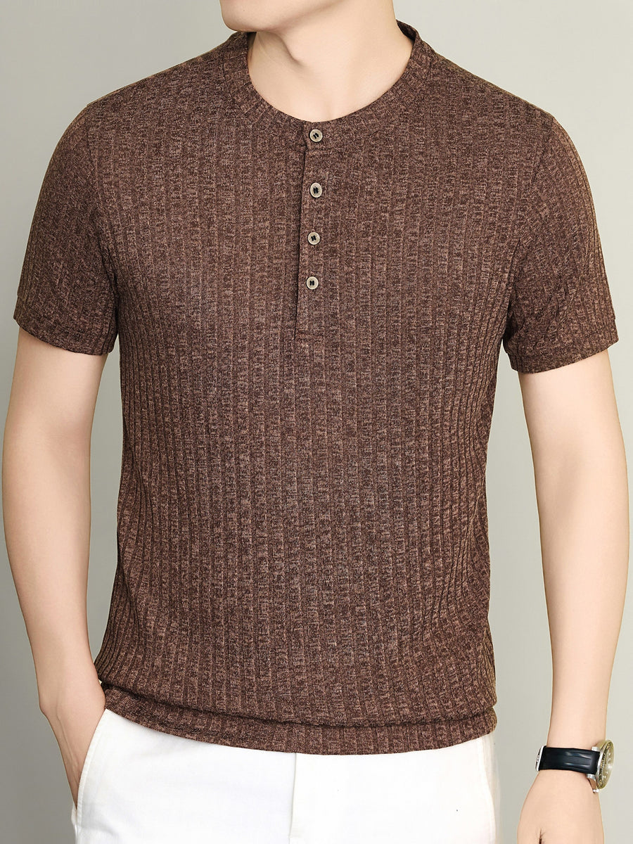 Men'S 2026 New Summer Short Sleeve, Vertical Rib Knit, Regular Fit Casual Top, Easy And Fashionable for Daily Wear, Business Commute, Vacation And Weekend Leisure - Coffee Color