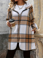 Plus Size, Plus Size Plaid Hooded Zip-Up Jacket - 【Brown】