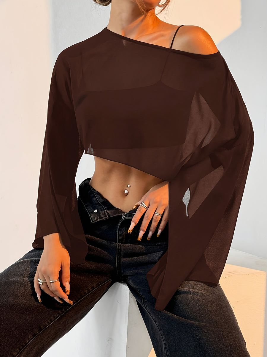 Women'S Solid Color Round Neck Batwing Sleeve Loose Short Shirt, Spring Summer Beach Cover-Up Top - Brown