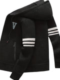 Men'S Striped Fleece Hooded Cardigan, Casual Slightly Stretch Breathable Zip Up Thermal Jacket for Fall Winter Outdoor, Knit - Black