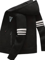 Men'S Striped Fleece Hooded Cardigan, Casual Slightly Stretch Breathable Zip Up Thermal Jacket for Fall Winter Outdoor, Knit - Black