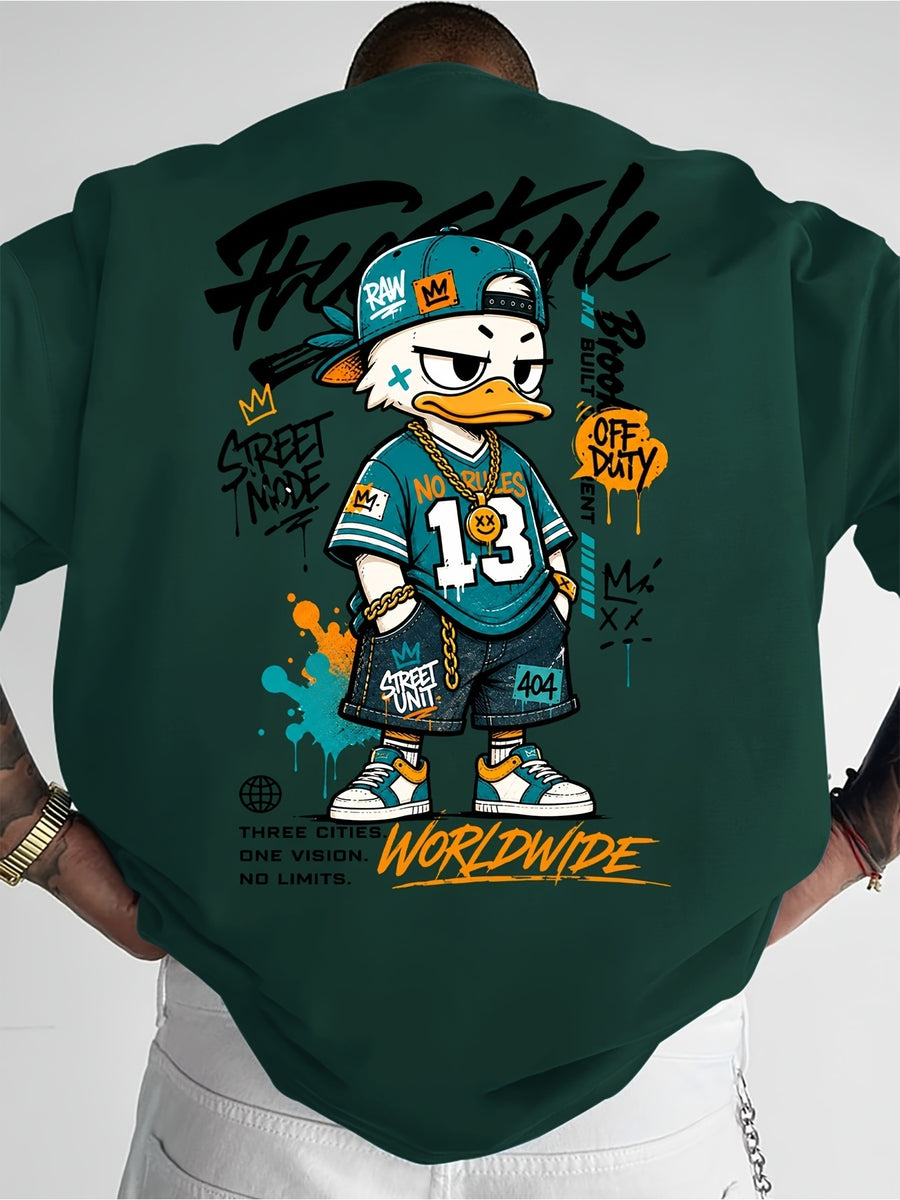 Printed Design, Non-textured, European and American Casual Style Men's Leisure T-shirt with Duck Image, Layered with Street Font Graphics, for Daily Commuting and Casual Wear - Mixed Color 1