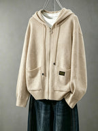 Women's Cardigan, Spring/Autumn Lazy Style Sweater Jacket, Loose Fit Outerwear Hooded Top - Apricot