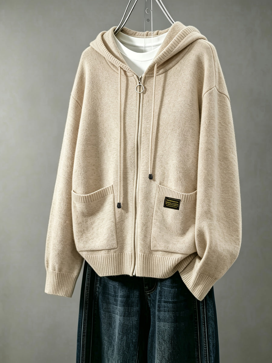 Women's Cardigan, Spring/Autumn Lazy Style Sweater Jacket, Loose Fit Outerwear Hooded Top - Apricot