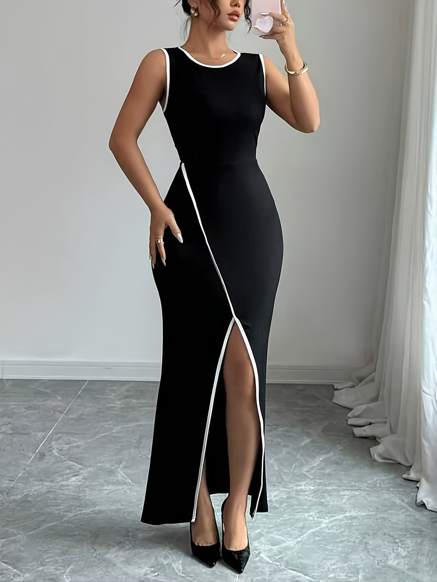 Elegant Exquisite Stylish Women's Bridesmaid Dress, Sleeveless Round Neck Design, High Side Slit with White Piping, Slim Fit Bodycon Long Dress, Sexy Elegant Women's Dress for Party, Evening Event, Date & Daily Commute - Black
