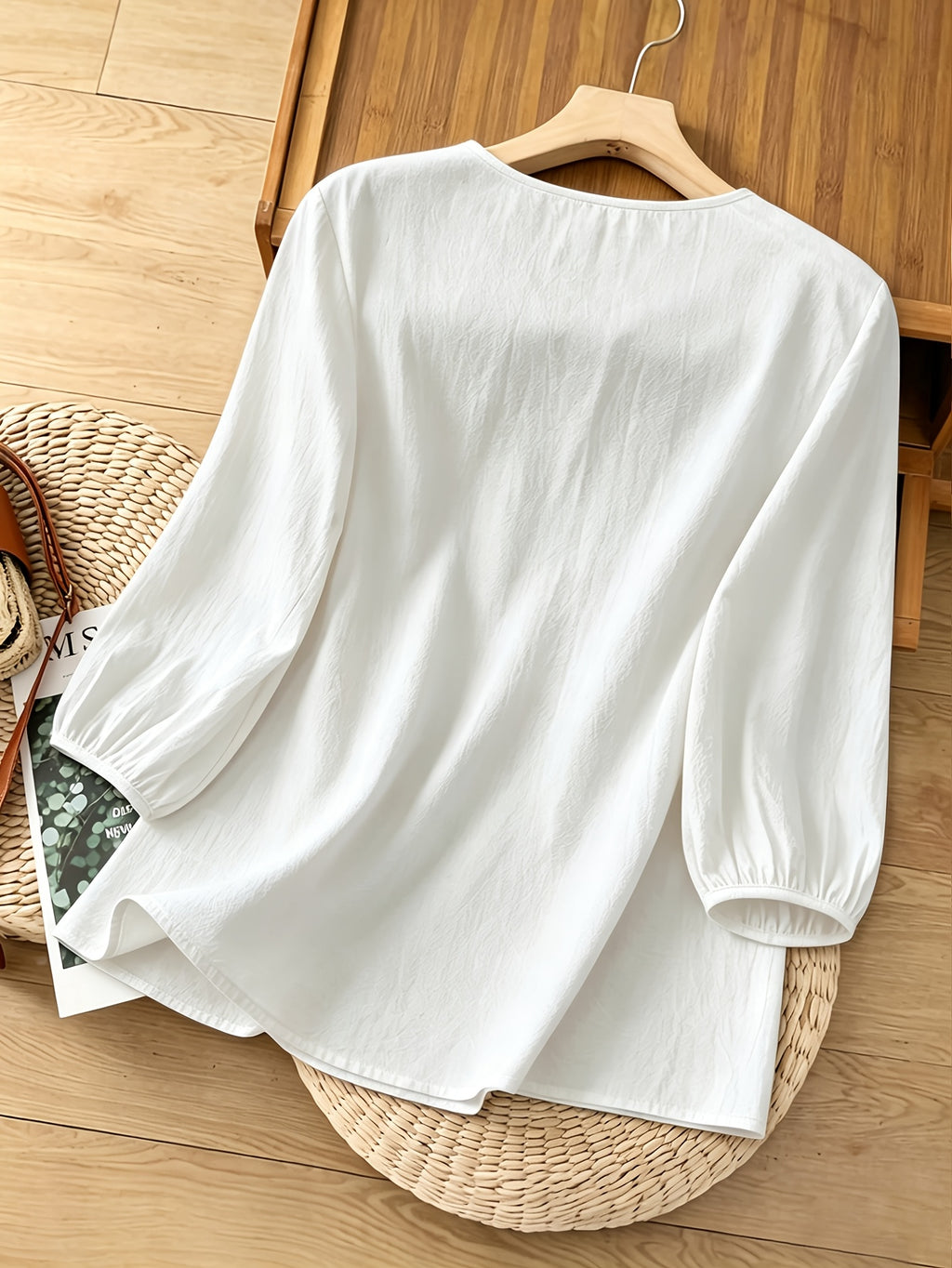 French-Style Gentle Textured Shirt with V-Neck, Lace Floral Design, Lantern Sleeves, Loose Fit, Relaxed Style, Versatile Daily Top - White