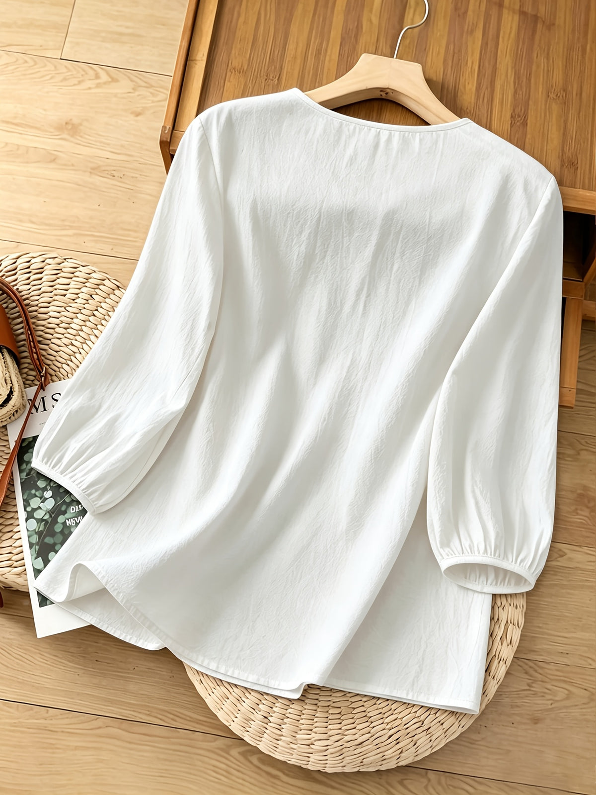 French-Style Gentle Textured Shirt with V-Neck, Lace Floral Design, Lantern Sleeves, Loose Fit, Relaxed Style, Versatile Daily Top - White