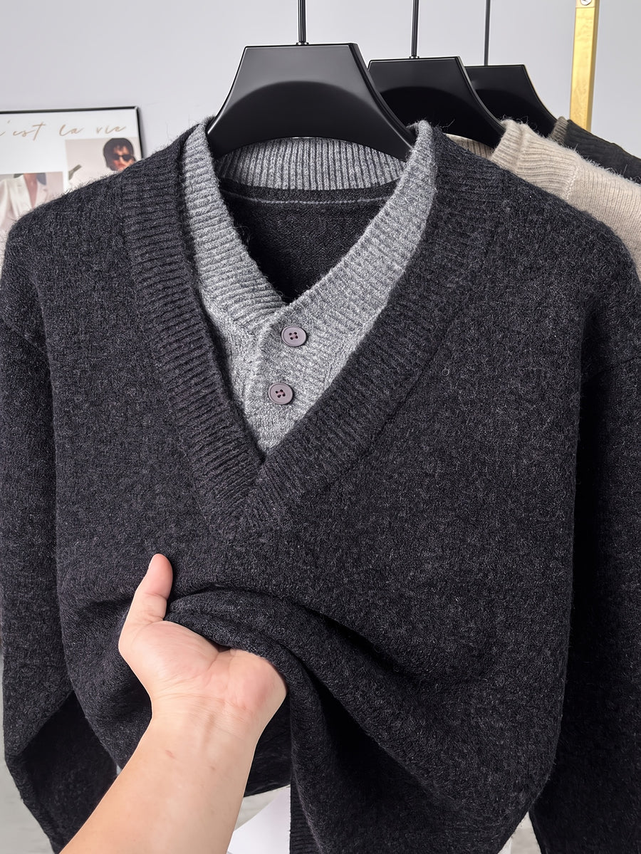 Autumn/Winter Men's 2-in-1 Look V-Neck Knitwear with Contrast Button Design, Warm Pullover Sweater - Grey