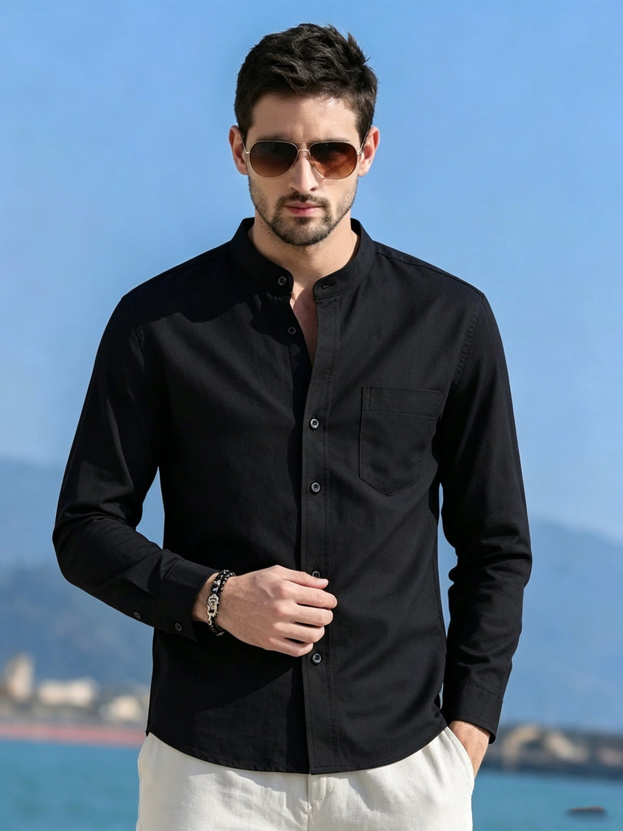 Men'S Mandarin Collar Long Sleeve Dress Shirts, Full Single Button Shirts with Chest Pocket, Solid Color Business & Daily Casual Tops - Black