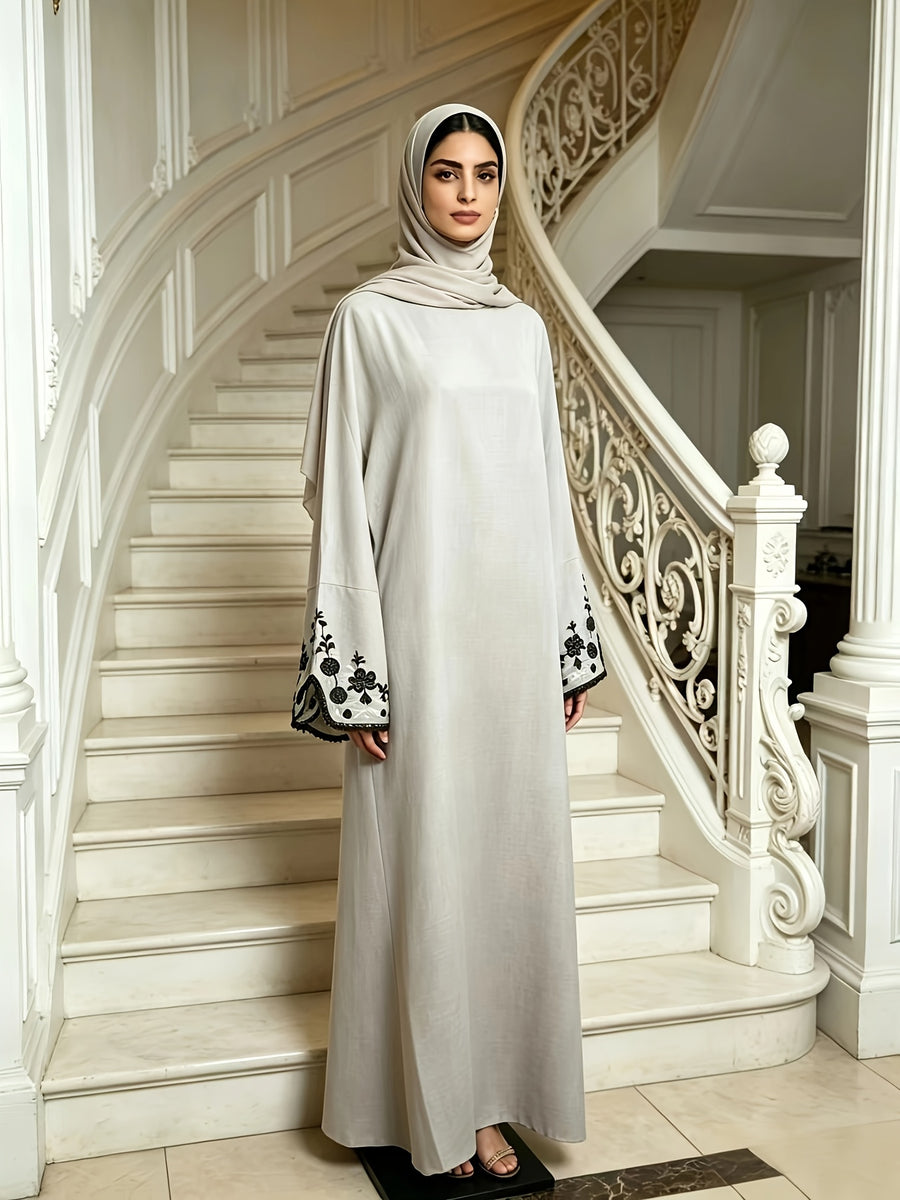 New Long Robe Middle Eastern Muslim Fashion Embroidery Elegant Ramadan Prayer Dress Batwing Sleeve Dress - Apricot