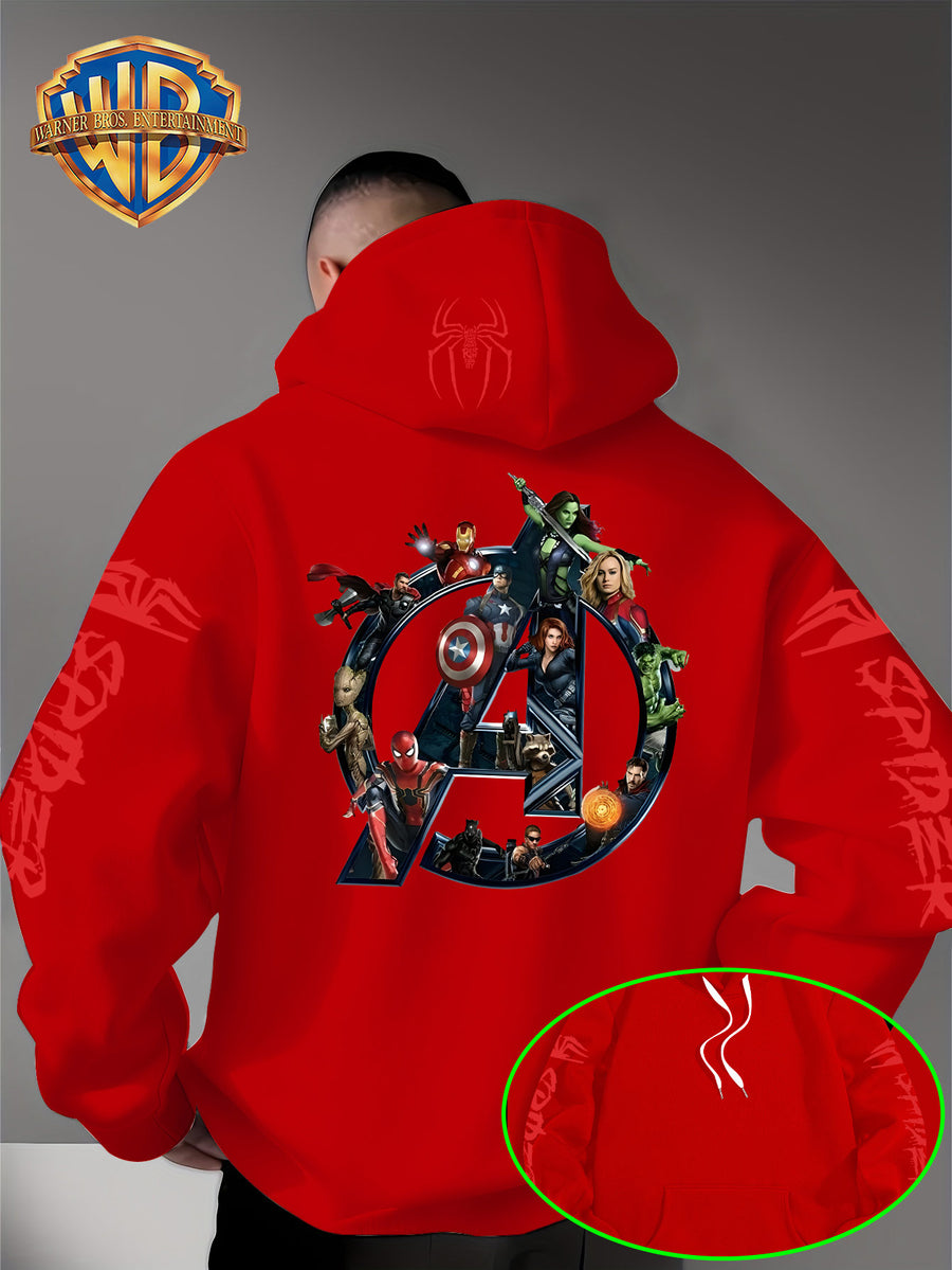 Men'S Trendy Fall Hoodie, American Superhero Collection Print Hooded Sweatshirt, Unisex Loose Street Style Casual Top. Casual Daily Style with Drawstring Design, Long Sleeve Knit Sweater, Machine Washable, Perfect for Casual, Athletic - Red