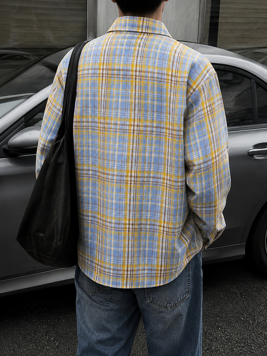 Men'S Vintage Plaid Long Sleeve Shirt, Loose Casual Button-Up Jacket Style Overshirt, Japanese Trendy Brand Lapel Checkered Shirt, Suitable for Outdoor Daily Wear in Spring, Autumn, And Winter - Lemon Yellow