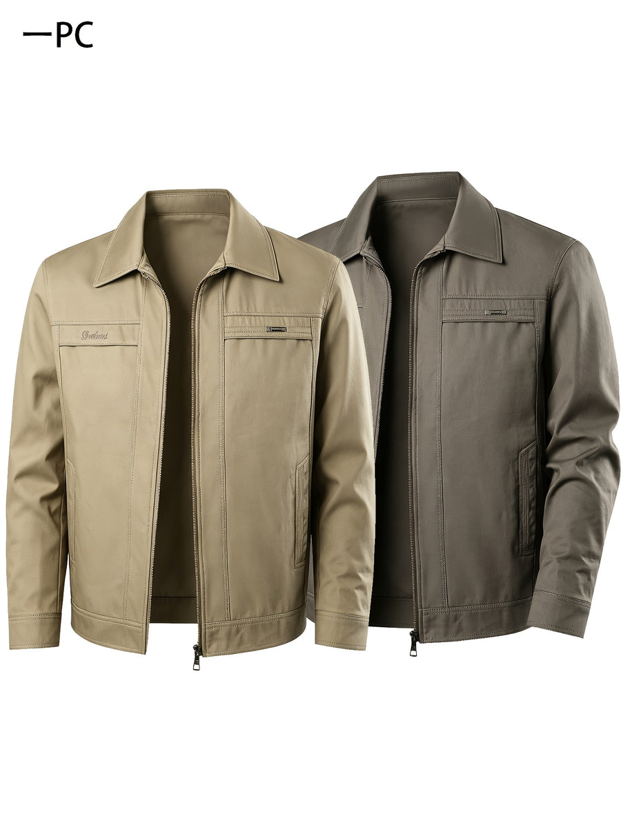1pc Men'S Lapel Cargo Jacket, Solid Color Zipper Casual Coat, Retro Pocket Outerwear, Suitable for Men'S Daily Commute, Office, Street Style, Outdoor Activities - Light Khaki