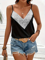 1pc Solid Color V-Neck Sequin Decorated Camisole, Elegant Sleeveless Top, Fashionable Sleeveless Vest, Women'S Clothing - White