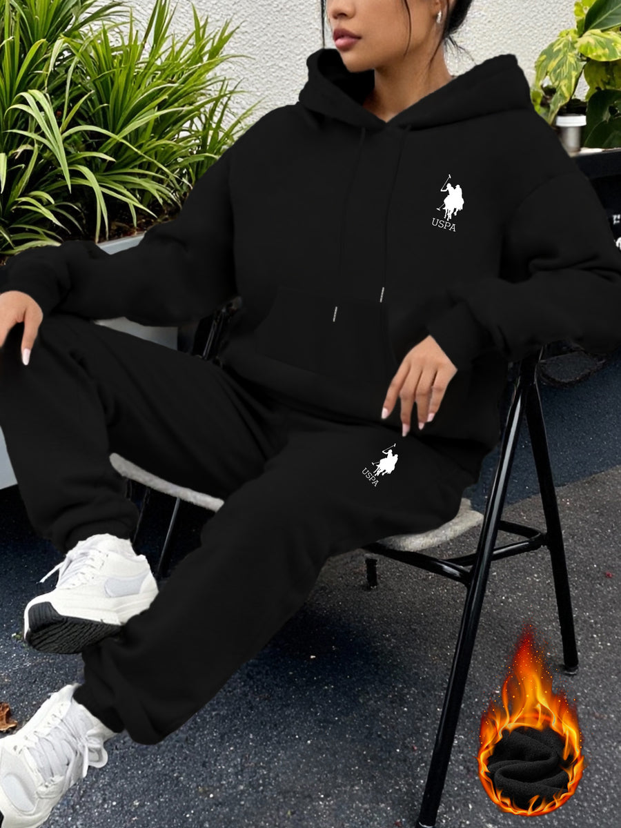 USPA Letter Pattern Printed Women'S Fleece Hoodie And Sweatpants Sports Set for Autumn And Winter. This Pullover Is Machine Washable, Featuring a Comfortable Top Made of Soft Fabric, Perfect for Everyday Wear. The Fleece Design Is Made of 100% - Black