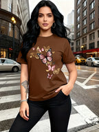 Watercolor Style Butterfly Pattern Print, Fashion Breathable T-Shirt, Family Travel, Campus, Casual, Daily Commute, Sisters' Matching Outfit, Versatile T-Shirt - Brown