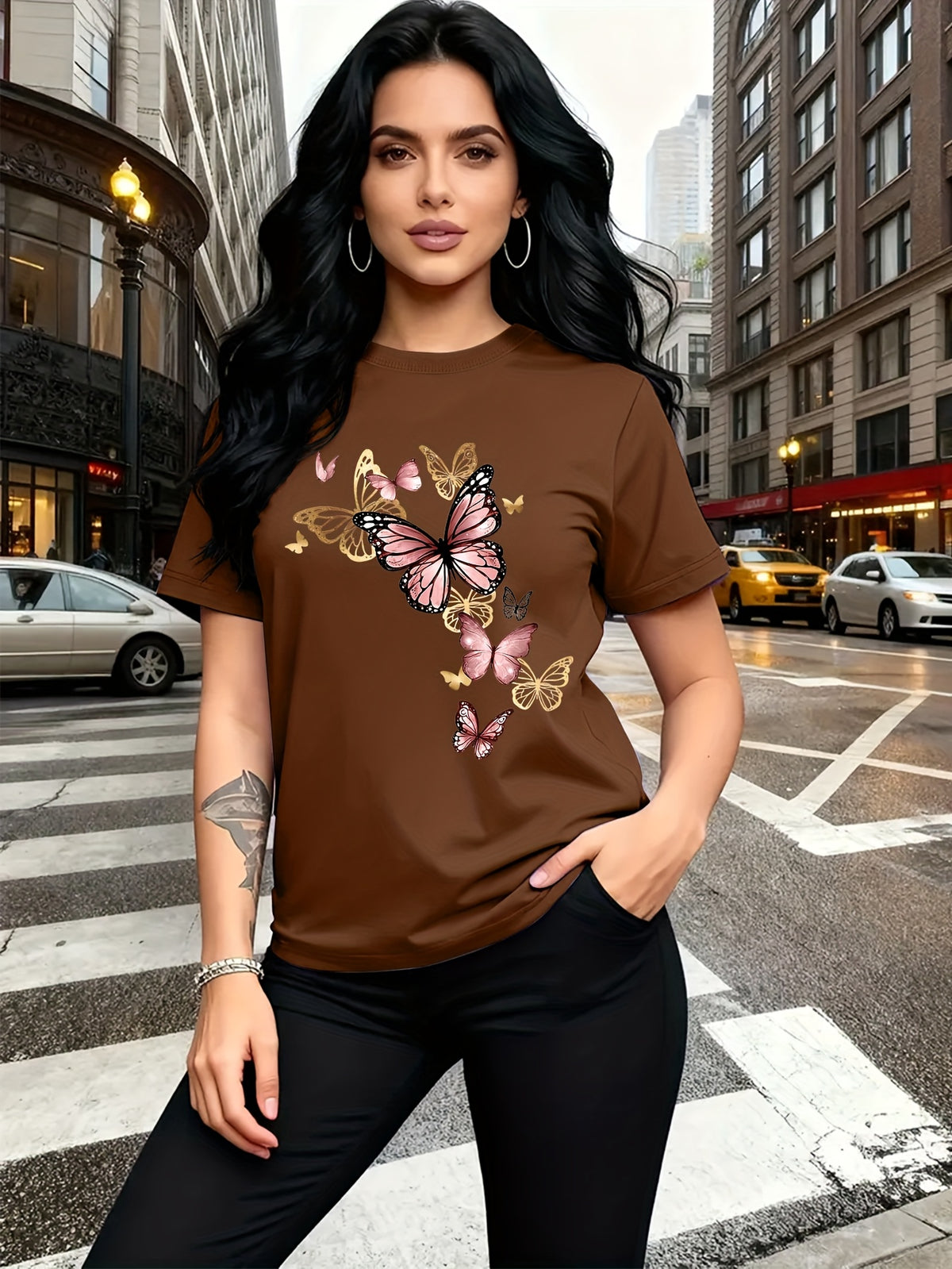 Watercolor Style Butterfly Pattern Print, Fashion Breathable T-Shirt, Family Travel, Campus, Casual, Daily Commute, Sisters' Matching Outfit, Versatile T-Shirt - Brown