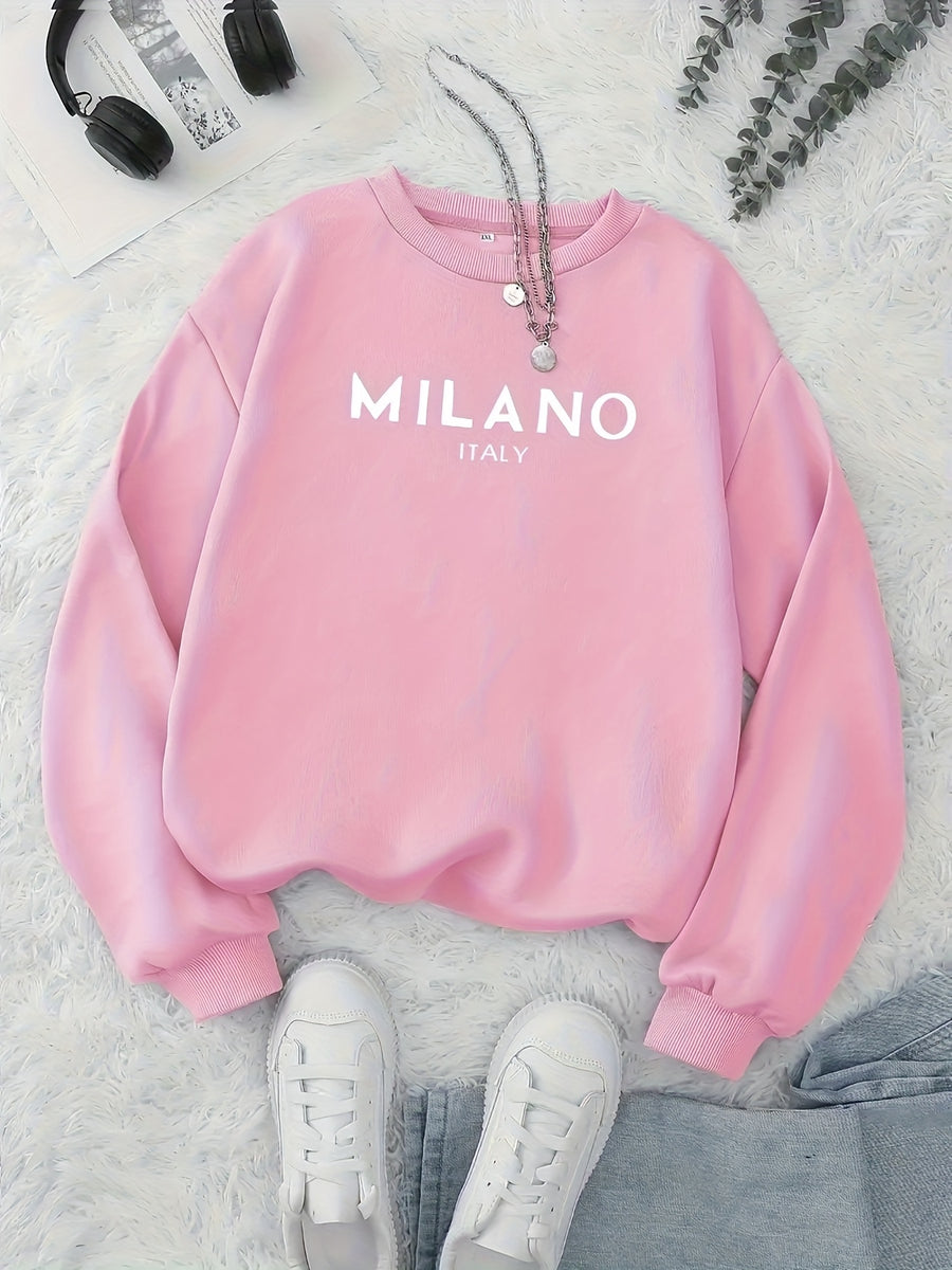 Women's Fashion Round Neck Letter Pattern Print Casual Sweatshirt - Pink Color