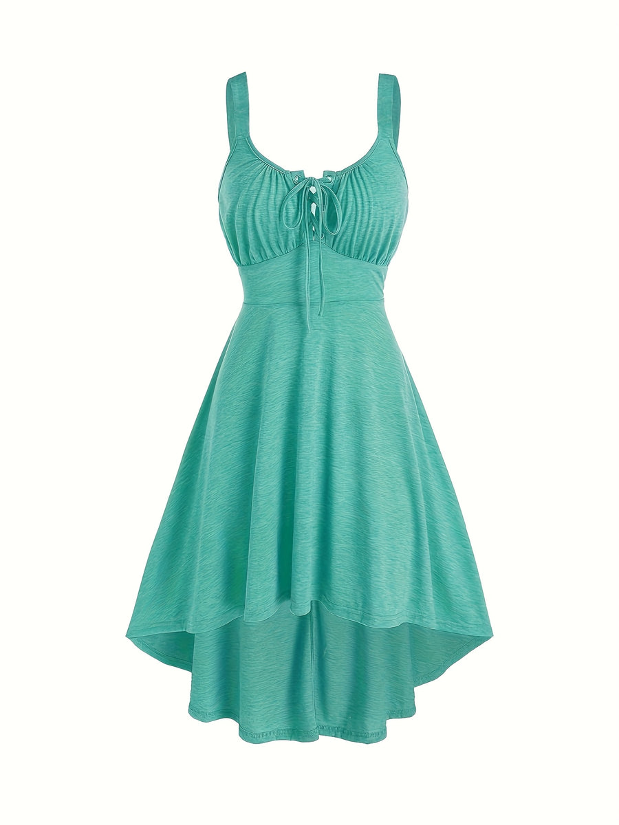 Casual Solid Color, Front Cross Straps with Eye Hook Design, Retro Bust Contour, Short Front Long Back Comfortable Casual, Home, Vacation Dress, Targeted Development - Mineral Green