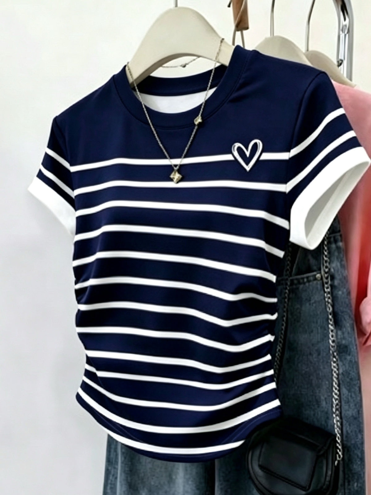 Women'S Summer Thin Korean Contrast Striped Short Sleeve Round Neck Heart Print T-Shirt - Blue Stripes