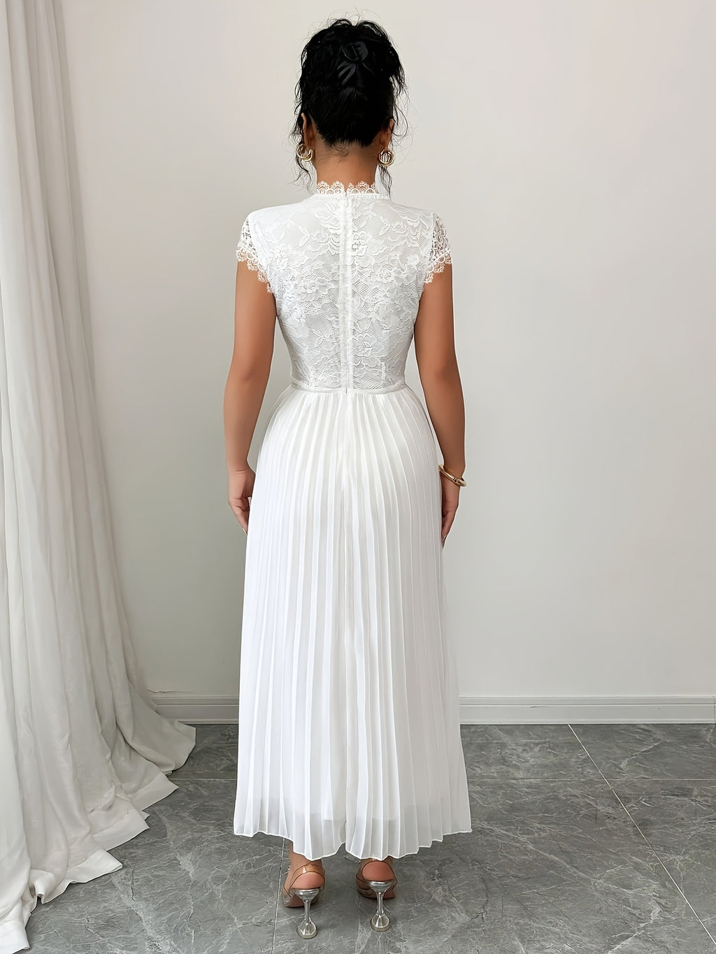 Women'S Elegant Summer Floral Lace Patchwork Pleated Maxi Dress - White