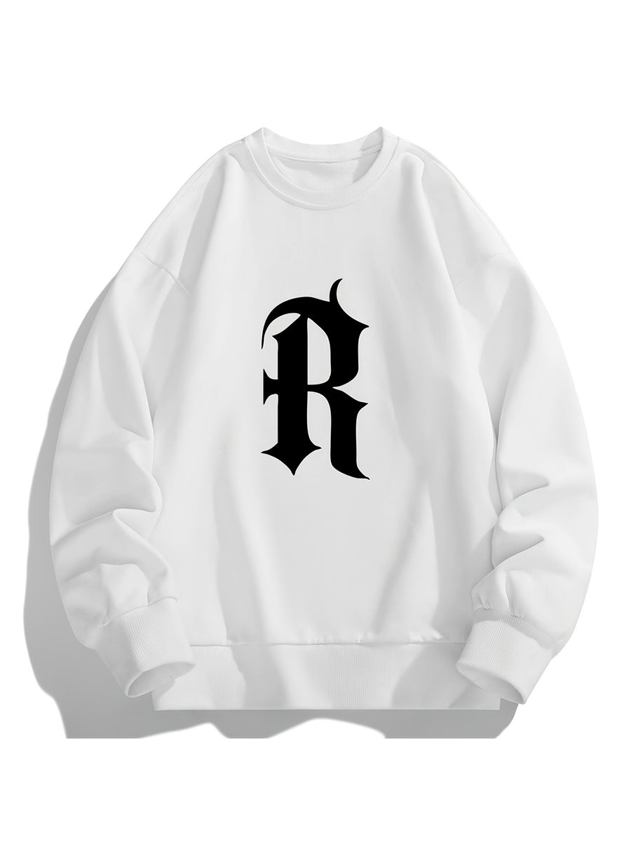 Men'S Crew Neck Sweatshirt, Spring And Autumn Printed Pullover Top, Youth Loose Casual Versatile Long Sleeve Base Shirt - White