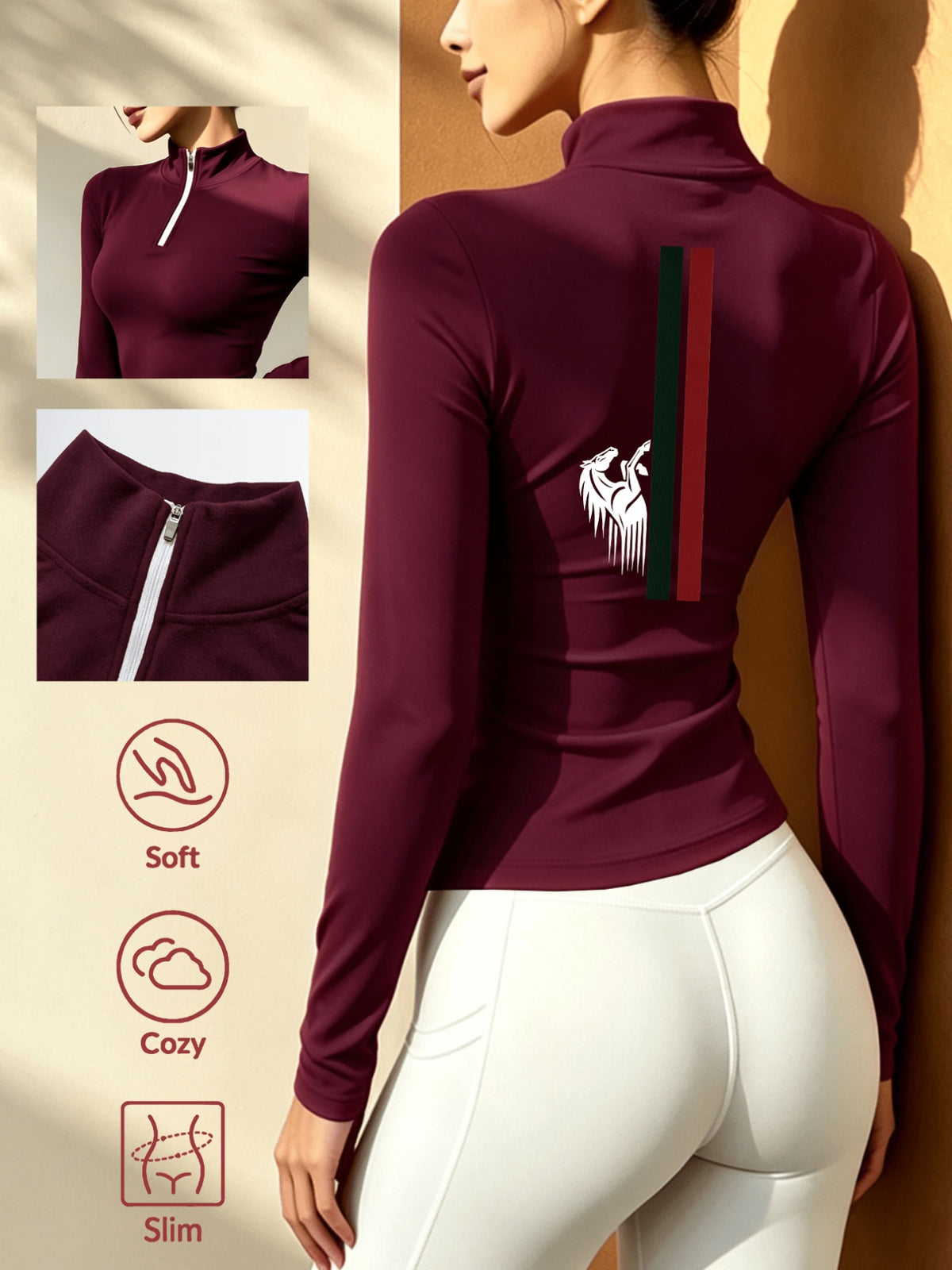 Women's Soft Zip-Up Base Layer Top, Ideal for Cycling,, and Activities During the Cold Autumn and Winter Seasons - Burgundy