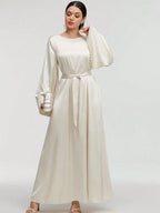 1pc Slim-fit Stretch Abaya Sleeve Front Zipper A-line AbayaElegant Flowing Muslim Robe Convenient Daily Islamic Women's WearStretch Sleeve Front Zipper AbayaSuitable for Daily Commuting, Gatherings with Family Friends, and Islamic Festive Occasions - White