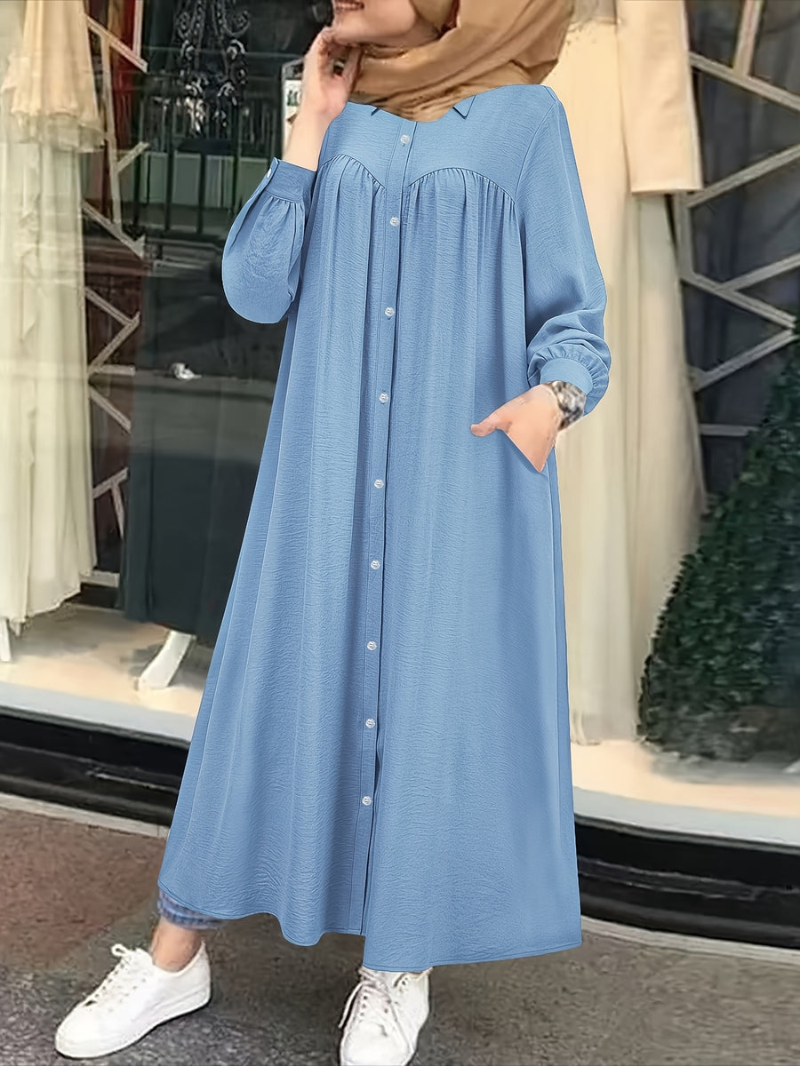 Fashion Women's Pocket Shirt Dress with Chest Gathering, Measured Bust at Back - Blue