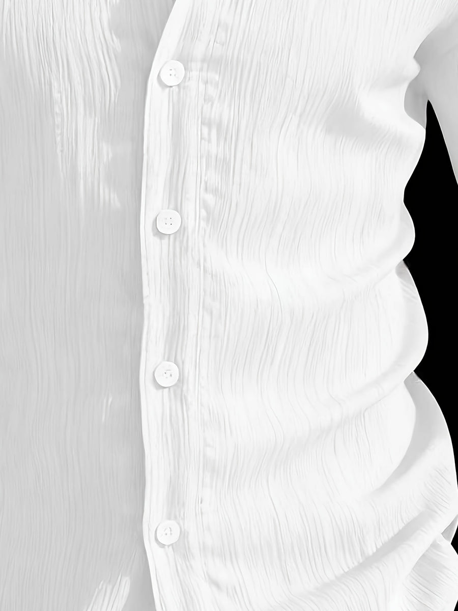 Henley Shirt 2026 Spring/Summer Men's New Apparel Men's T-Shirt Henley Shirt Stand Collar Shirt -  Product, Casual Fashion Unique Design, Plaid Button- Textured Shirt, Suitable for Pool, Outdoor Vacation, Travel, Seaside Beachwear, 1pc Outfit - White