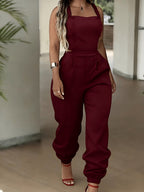 New Summer Style Casual Comfortable Versatile  Spaghetti Strap Sleeveless Tie-Up Cuffed Jumpsuit, Workwear Jumpsuit, Women's Jumpsuit - Burgundy