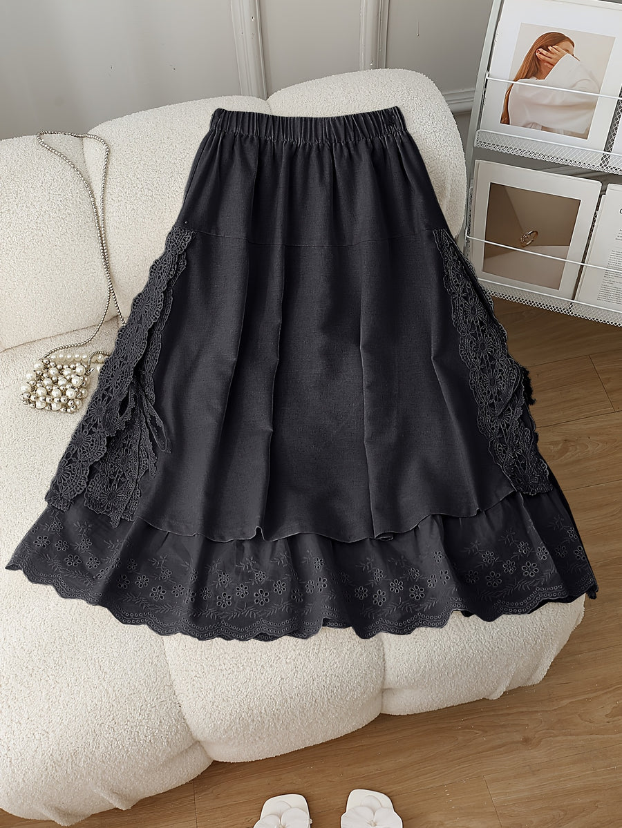 Women's New Spring/Summer - Fabric Embroidered Hem Maxi Dress, Casual Versatile Elastic Waist Lace Patchwork Skirt - Black