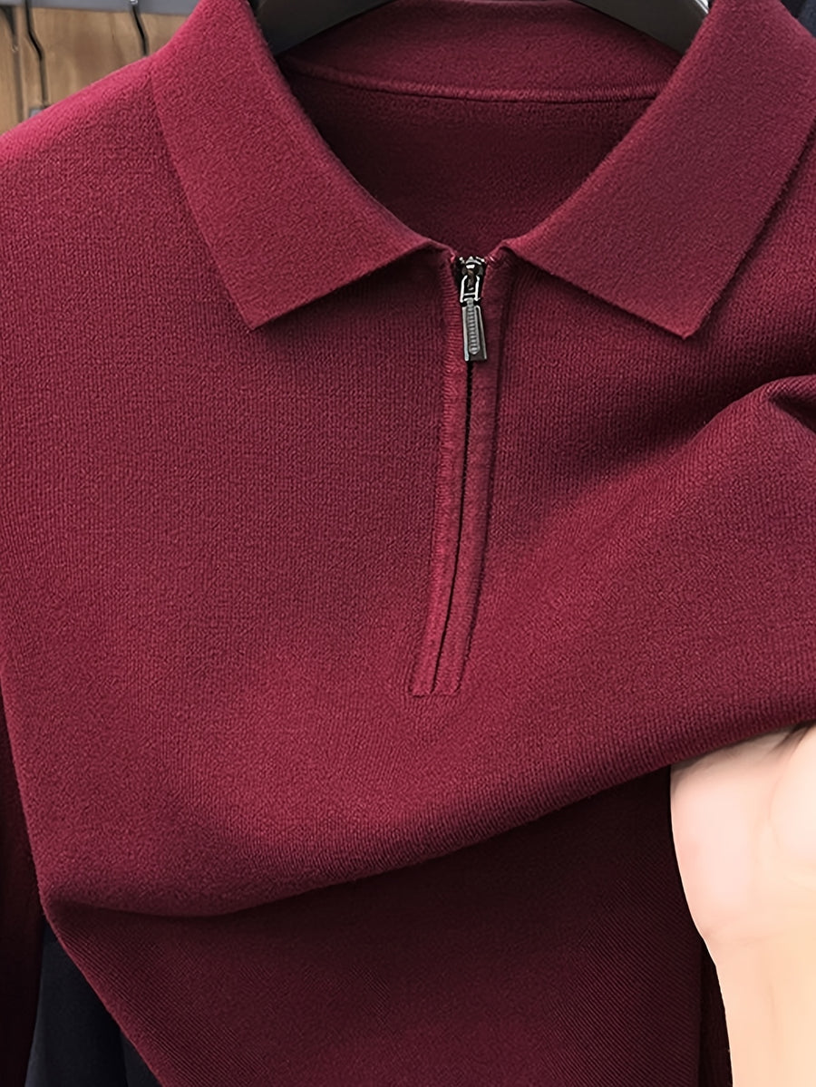 Men's Polo Collar Half-Zip Knit Sweater, Solid Color Minimalist Light Business Knit Pullover, Suitable for Spring, Autumn, and Early Winter, for Commuting and Casual Wear - SINBOS - Burgundy