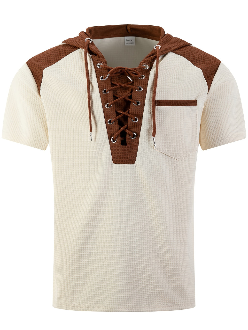 Men'S Plaid Knit Contrast Trim Hooded Sweatshirt - Short Sleeve Button-Up V-Neck Top with Chest Pocket, Vintage Street Style, for Everyday Wear - Khaki