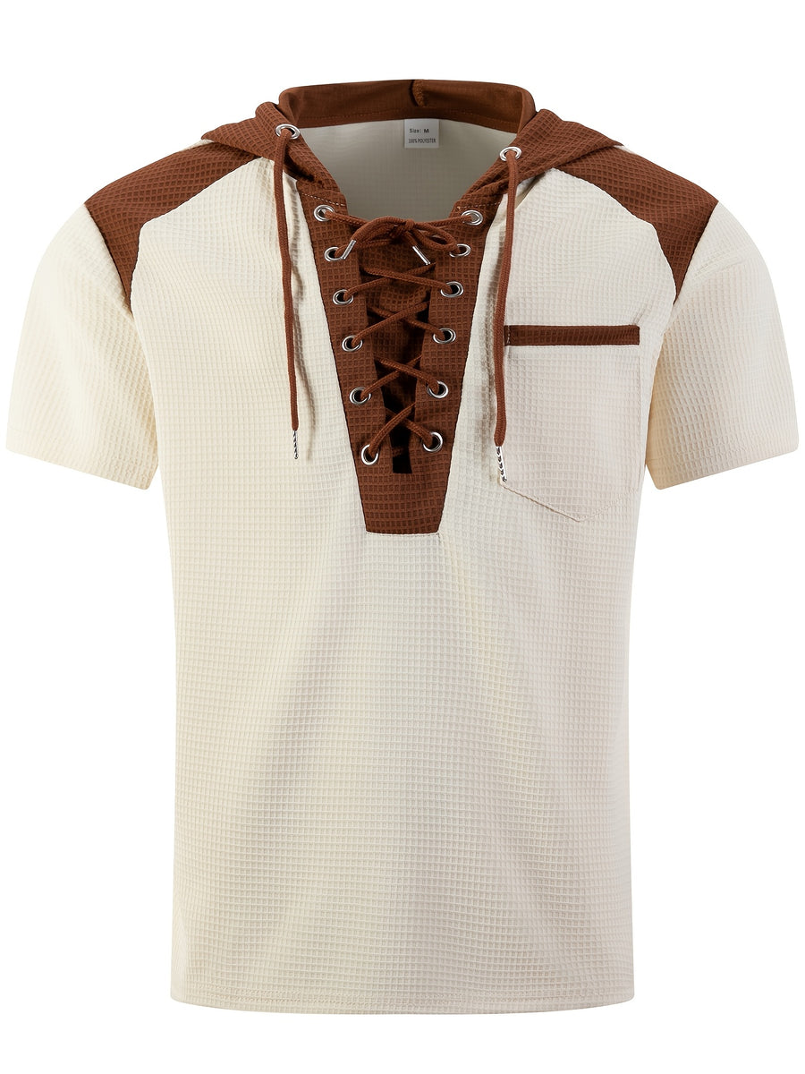 Men's Hoodie, Square Knit Sweater, Contrasting Trim, Short Sleeves, V-neck, Chest Pocket, Vintage Urban Style, for Daily Use - Khaki