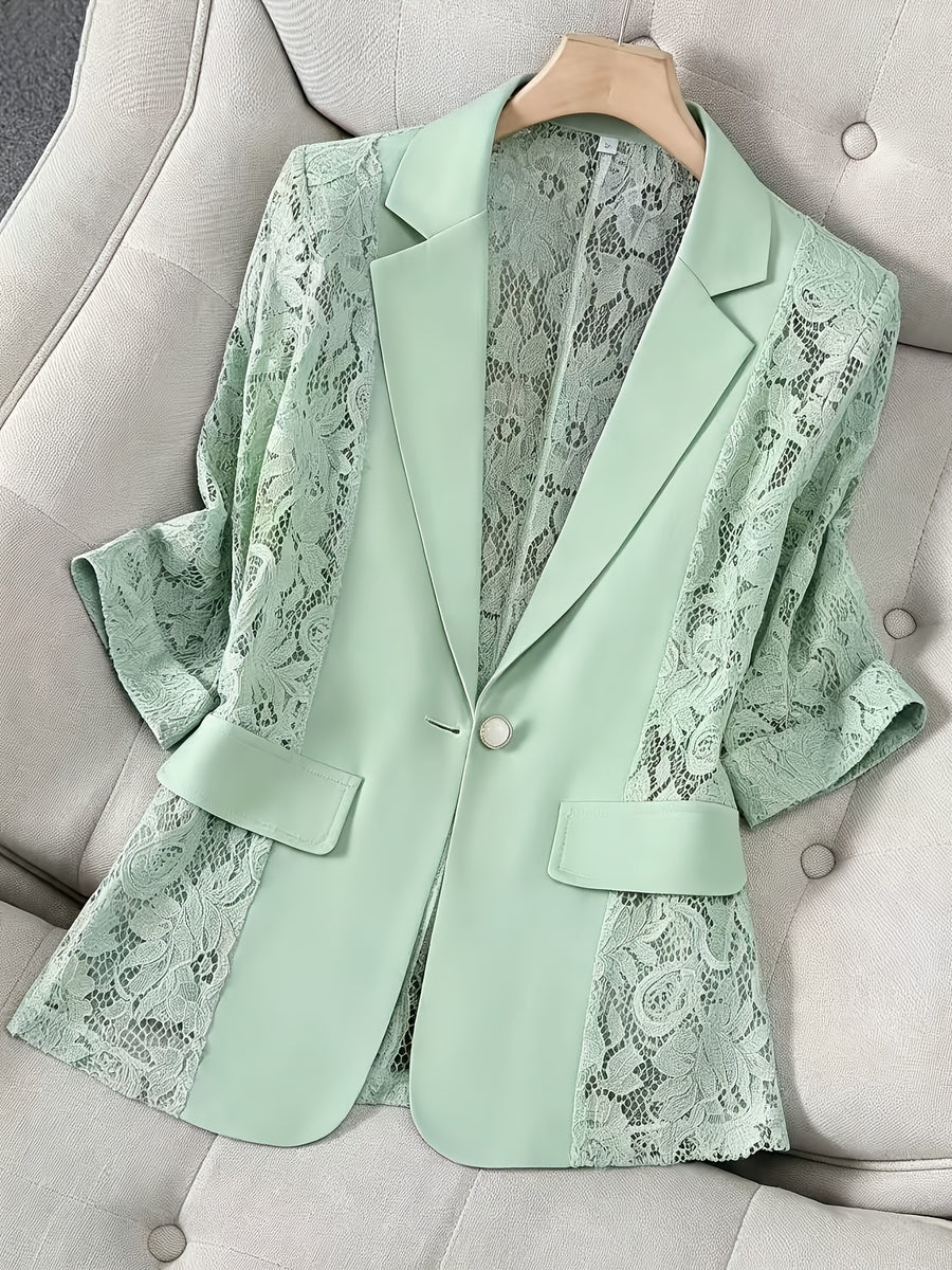 Women'S Thin Patchwork Lace Lightweight Suit Design Casual Temperament Three-Quarter Sleeve Casual Lapel Suit Top - Light Green