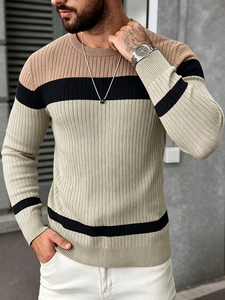 Men'S Color-Block Round Neck Long Sleeve Sweater, Soft Knit Top for Autumn And Winter, Casual Blouse - Khaki