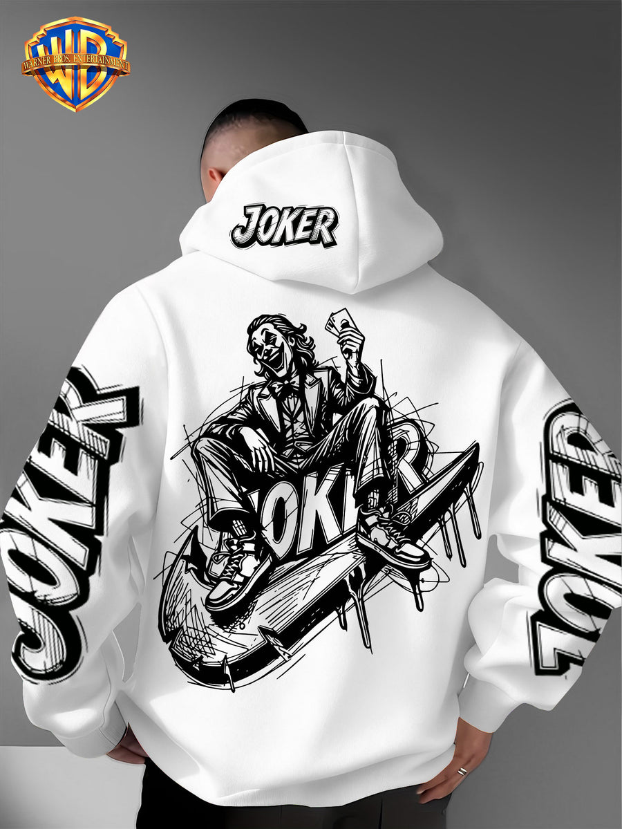 Authorized by Warner Bros., Joker Graffiti Style Print, Hat Design Pattern, Multi-Functional Street Style Men'S Hoodie, Comfortable Casual, Suitable for Autumn And Winter - White