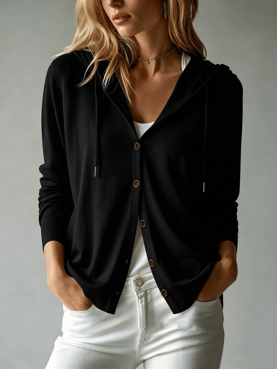 Women's Button Cardigan with a Hood, Drawstring Hood Design, French Style, European and American Style, Casual, Loose, All-season Versatile, Can Be Worn Alone or as an Outer Layer, Suitable for Daily Commuting and Various Occasions. - Black