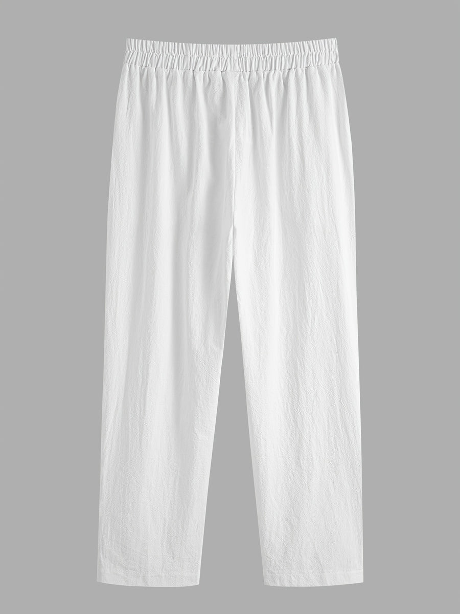 Loose Solid Color Elastic Waist Button-Front Ankle Pants - White