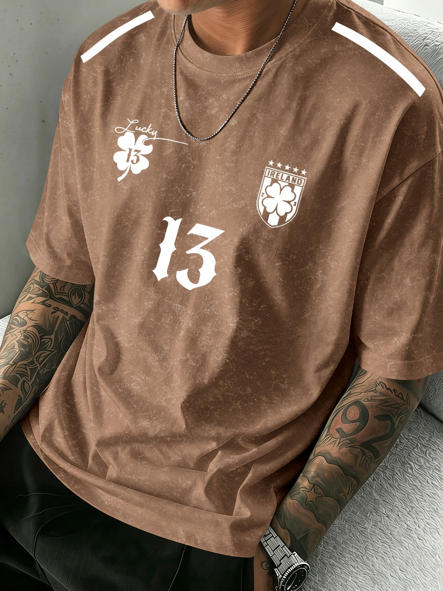 Men's Round-neck Graphic Print Short-sleeve T-shirt, Suitable for Summer Casual Sports - Coffee Brown