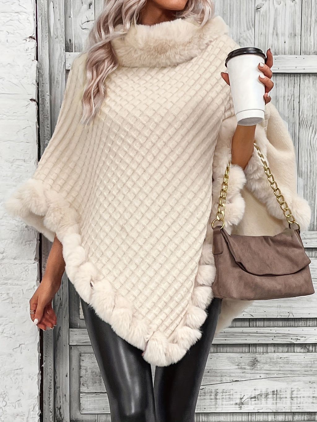 Women'S Elegant Faux Fur Collar Cape Coat - Soft Winter Coat with Plush Fur Trim, All-Season Chic Outerwear for Everyday & Formal Events - Apricot